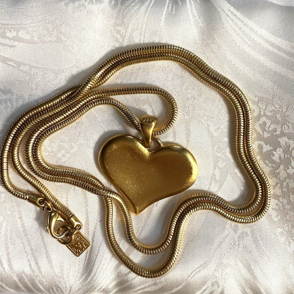 VTG Ann Klein Gold Plate Puffy Heart Pendant Long Snake Chain Necklace 35” - Picture 1 of 10